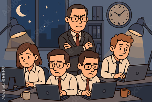 Overtime office teamwork concept. Cartoon business people working late at night with laptops, supervisor monitoring employees, corporate deadline, stress, productivity, workplace pressure illustration