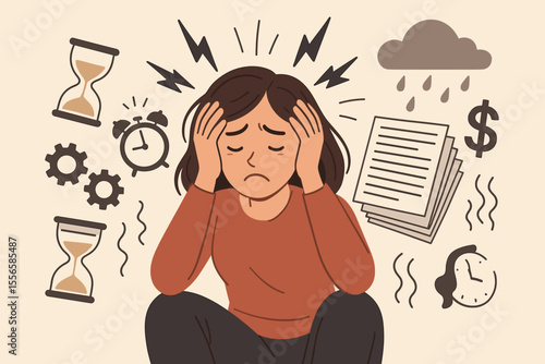 Stressed overwhelmed woman surrounded by deadlines, paperwork, money problems, time pressure, anxiety, mental health crisis, burnout, emotional overload, depression, cartoon vector illustration