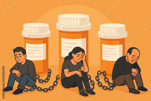 Opioid addiction crisis concept. People chained to prescription pill bottles. Substance abuse, painkiller dependency, drug epidemic, mental health, pharmaceutical addiction, vector illustration.