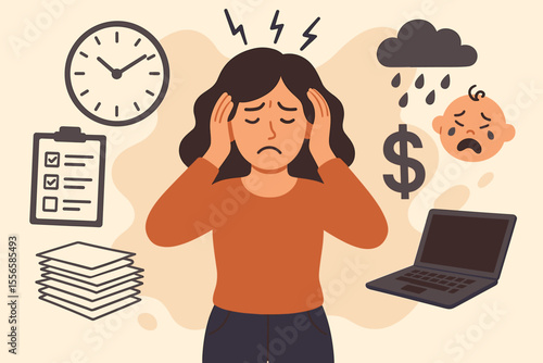 Stressed overwhelmed woman surrounded by work deadlines, financial problems, emotional pressure, anxiety, mental health issues, multitasking, burnout, time management, cartoon vector illustration