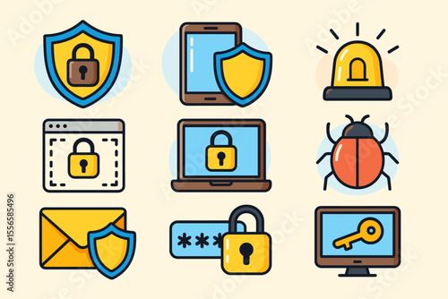Cybersecurity Protection Icons Set. Data Security, Privacy Shield, Antivirus, Malware Alert, Password Lock, Secure Email, Web Safety, Mobile Device Protection, Encryption. Vector Cartoon Illustration
