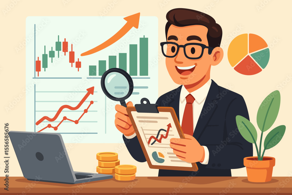 Businessman Analyzing Financial Charts and Graphs for Investment Growth, Profitable Opportunities, Stock Market Success, Data Analysis, Wealth Management, Economic Strategy, Vector Illustration Businessman Analyzing Financial Charts and Graphs for Investment Growth, Profitable Opportunities, Stock Market Success, Data Analysis, Wealth Management, Economic Strategy, Vector Illustration