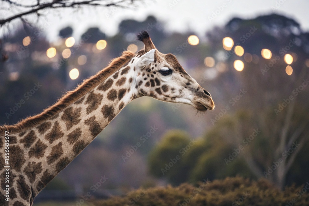 Fototapeta premium Close-up of a giraffe's head and neck with blurred lights in the background