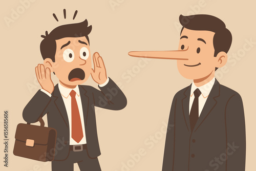 Surprised businessman reacts to colleague’s dishonesty. Office deception, lying, long nose, Pinocchio metaphor, business ethics, fraud, trust issues, workplace betrayal, cartoon vector illustration