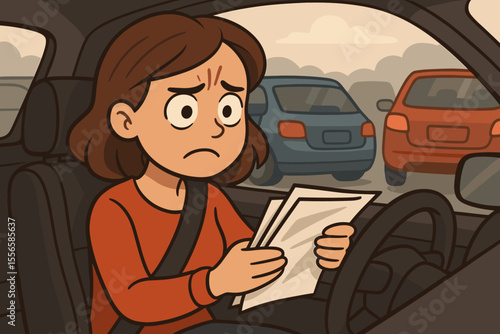 Worried woman driver holding documents sitting in car stuck in traffic jam, stress and anxiety concept, cartoon vector illustration, female motorist paperwork, urban road frustration