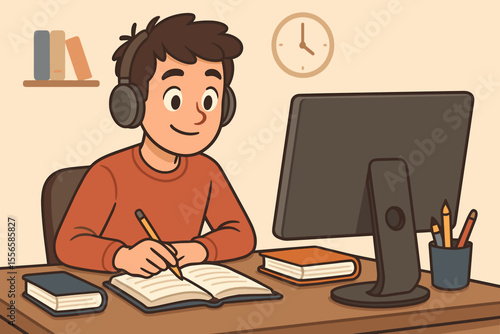 Cartoon young man studying online at desk with computer, headphones, books, writing in notebook. E-learning, distance education, home office, student workspace, digital learning concept vector
