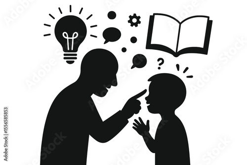 Adult and Child Silhouette Communication Concept. Parent Teaching Child, Sharing Knowledge, Education, Learning, Advice, Guidance, Light Bulb Idea, Book, Speech Bubbles, Question Mark Vector