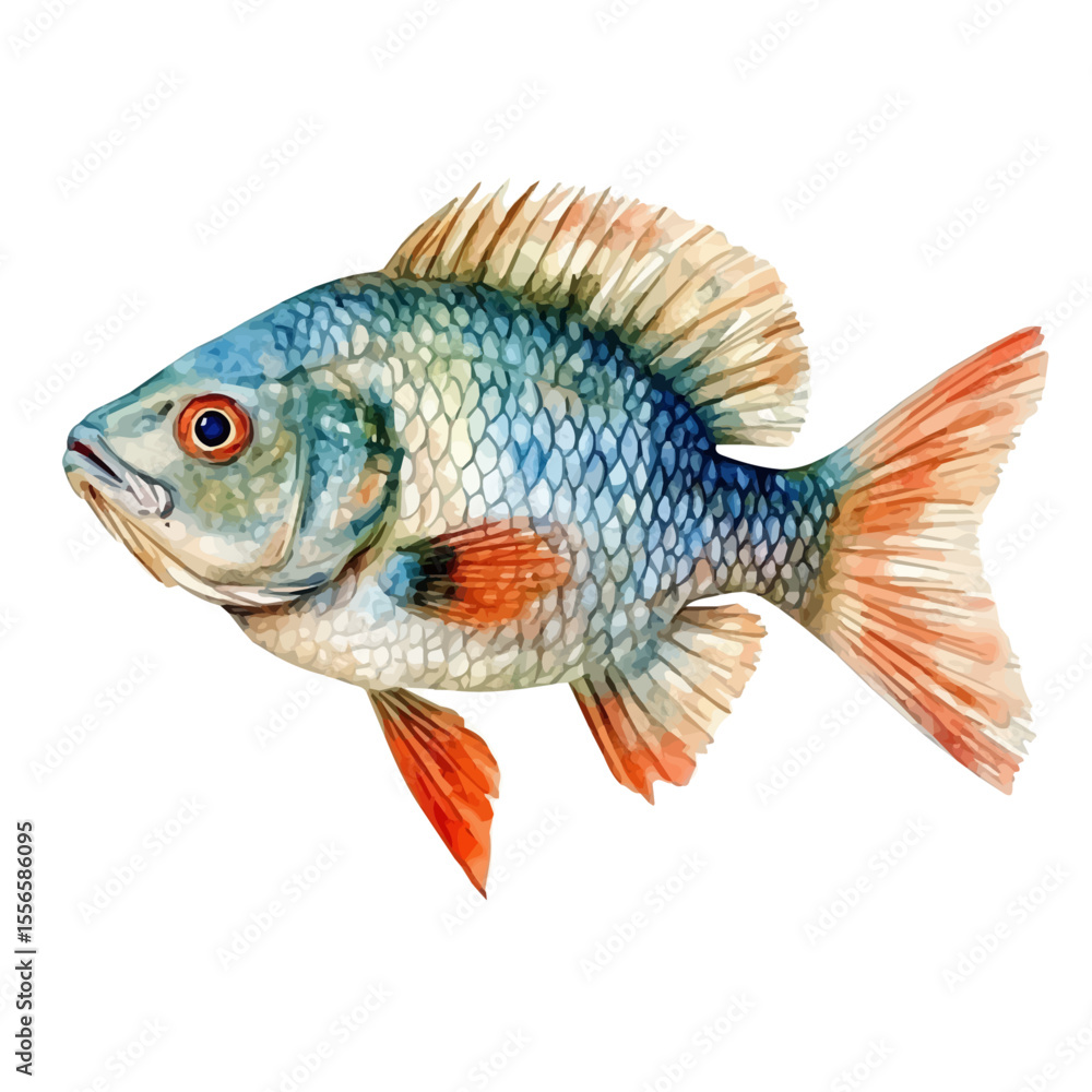 Fototapeta premium Tilapia Close Up, watercolor illustration vector, isolated on a white background.