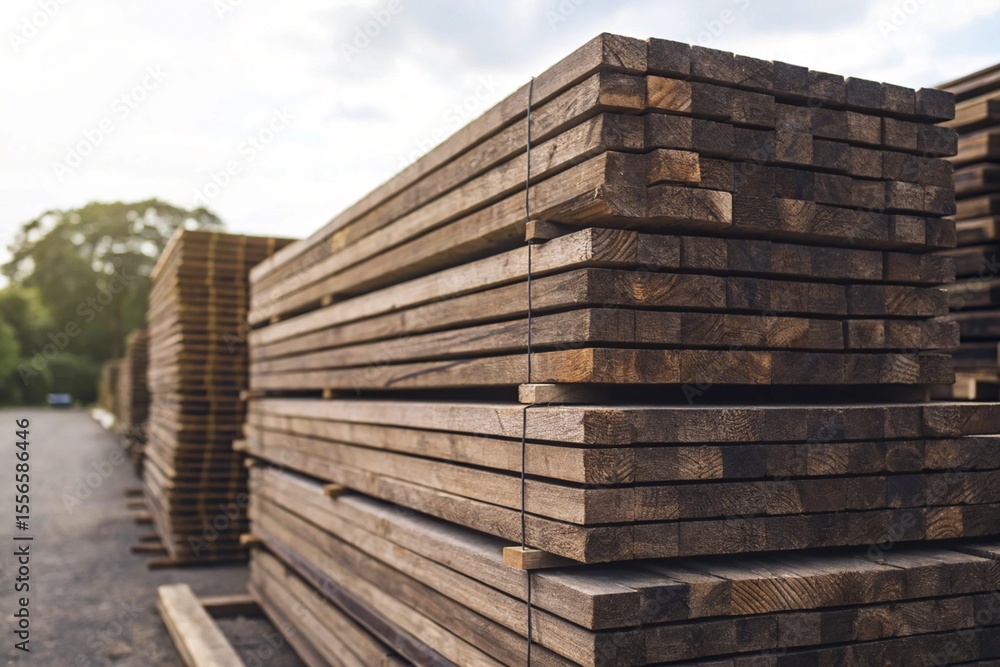 Large stacks of freshly cut, rough lumber or timber in an outdoor setting
Large stacks of freshly cut, rough lumber or timber in an outdoor setting