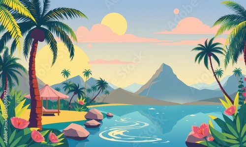 Scenic Tropical Beach Paradise with Colorful Sunset Over Serene Ocean, Mountains, Palm Trees and Lush Foliage in a Mesmerizing Coastal Landscape