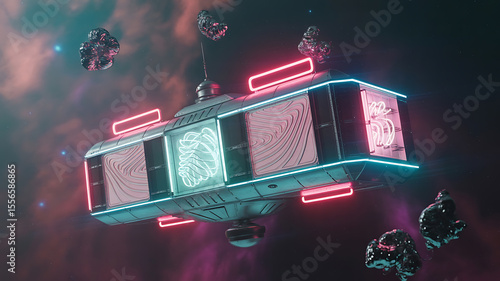 Futuristic spaceship, neon lights, floating in space.
