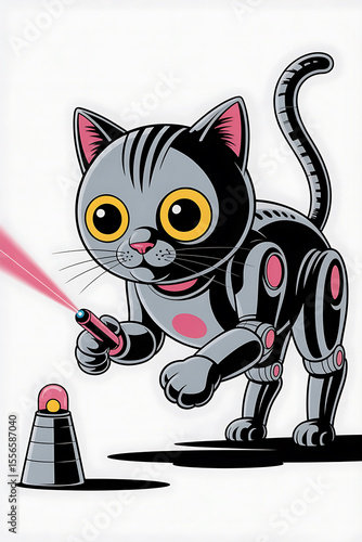 Cute robot cat aiming laser at object.
