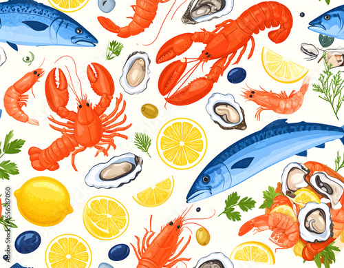 Horizontal vector pattern of seafood shrimps, oysters, lobster, lemons and olives. 