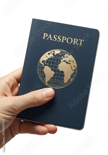 Hand holding blue passport with world map emblem, travel document isolated