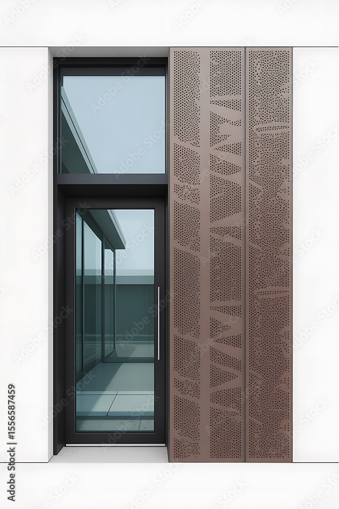 Fototapeta premium Modern building facade with a textured brown panel and windows. 