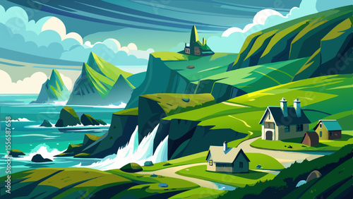 Velvety green hills roll toward dramatic ocean cliffs. Thatched cottages sit quietly under a blanket of fog as waves crash below.