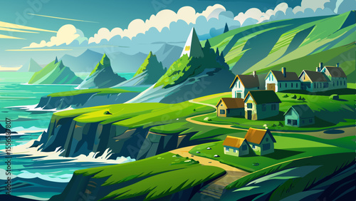 Velvety green hills roll toward dramatic ocean cliffs. Thatched cottages sit quietly under a blanket of fog as waves crash below.