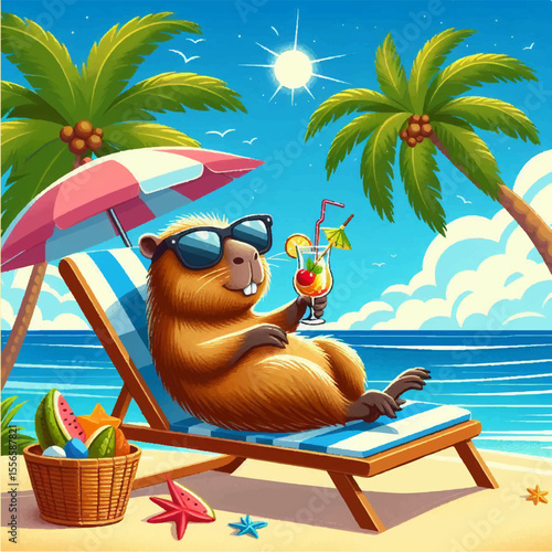 An illustration of a capybara lying on a chaise longue by the ocean under a palm tree and drinking a cocktail. Vector graphics. EPS.	