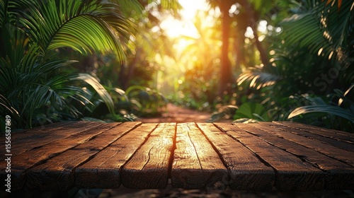 Fototapeta Naklejka Na Ścianę i Meble -  Wooden table in a sunlit jungle setting.