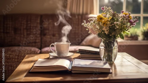 Wallpaper Mural Cozy indoor scene with coffee, flowers, and an open book. Torontodigital.ca