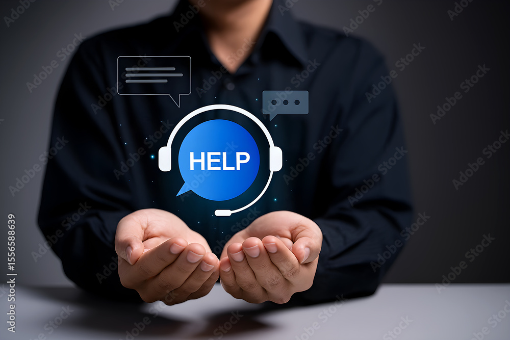 Call center support. Businessperson holding headset icon for online assistance.
Call center support. Businessperson holding headset icon for online assistance.
