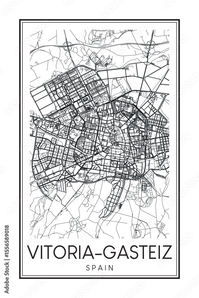 Naklejka premium Hand drawn printable downtown road map poster of the Spanish city of VITORIA-GASTEIZ on solid white background with city name