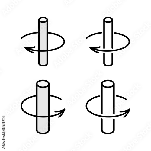 Direction of object rotation around of the axis of rotation icon. Clockwise and counterclockwise rotate 3D isometric symbol with circle arrows. Editable stroke.