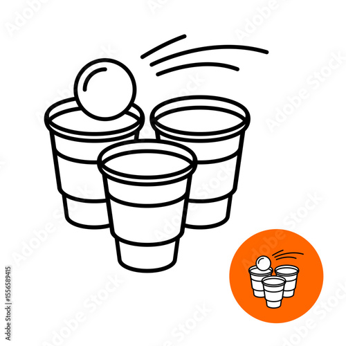 Beer pong line icon with three plastic cups and flying ping pong ball. Leisure and entertainment challenge game symbol. Editable stroke.