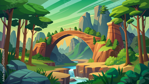 Striking sandstone rock formations rise through dense green forests. An arched stone bridge links them, creating a fairytale-like landscape.