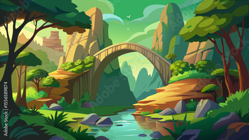 Striking sandstone rock formations rise through dense green forests. An arched stone bridge links them, creating a fairytale-like landscape.