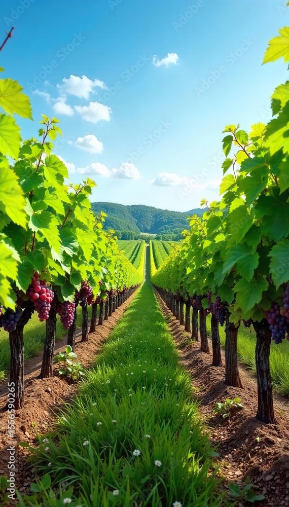 Naklejka premium Rows of lush grapevines stretch across a sunny vineyard, ripe grapes hanging heavy on the vines, ready for harvest The idyllic scene showcases the beauty and abundance of wine country , vines, food