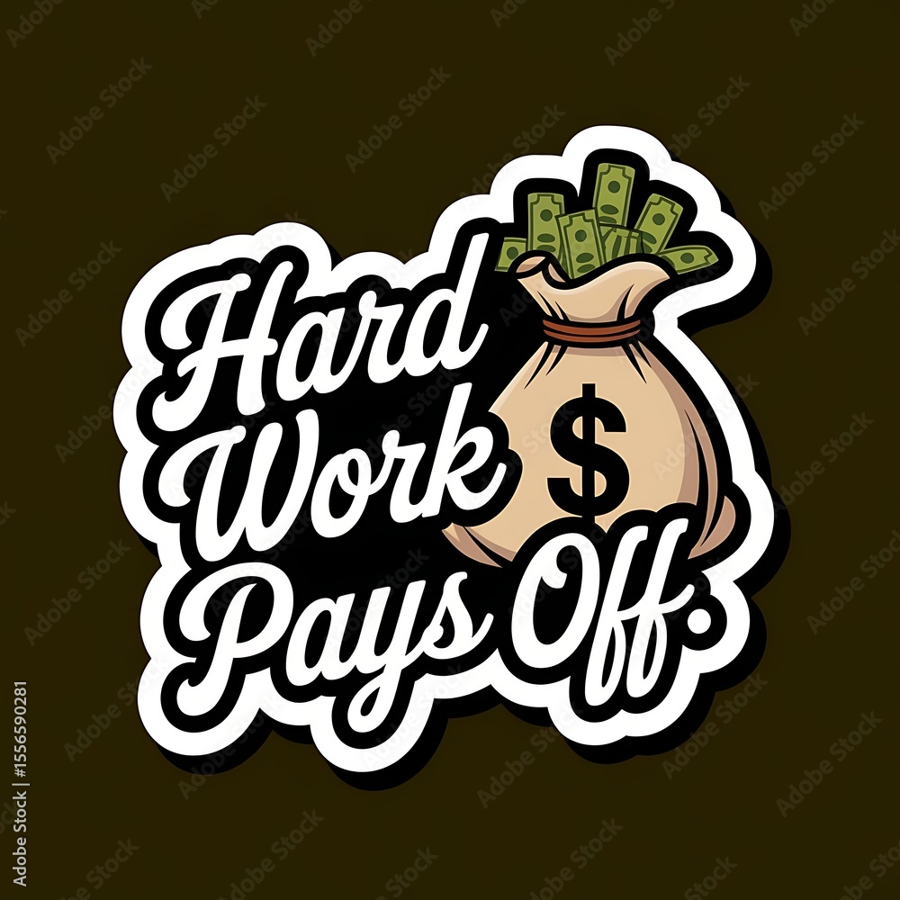 Naklejka premium Hard Work Pays Off—vintage money-bag cartoon with retro script, green dollar tones, with thick white sticker-style outline around the design