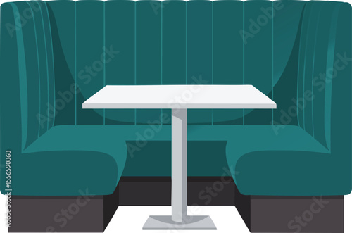 Green upholstered booth seating with white square table for restaurant or diner interior design vector illustration