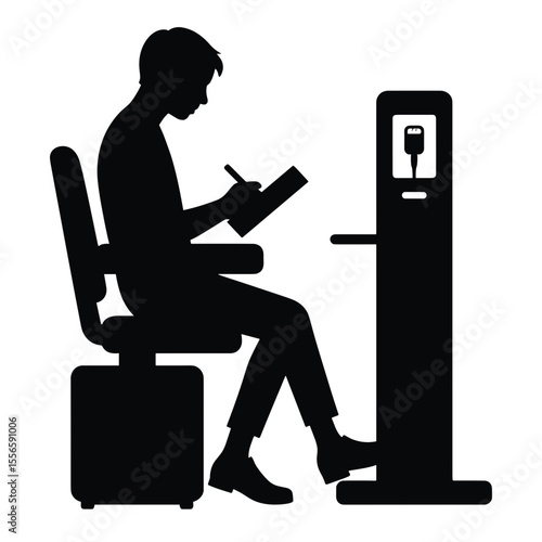 Man sitting and taking notes at airport charging station, concept of Things to do in airport  