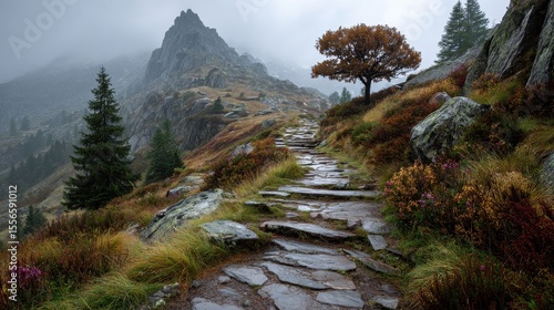 Fototapeta Naklejka Na Ścianę i Meble -  Stone pathway winding up a mountain on a foggy overcast day in karkonosze national park, poland