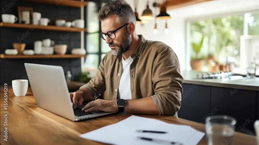 A man working on a laptop in a modern kitchen, captured from a side angle. The scene is bright and airy, ideal for a remote work video concept. A man working on a laptop in a modern kitchen, captured from a side angle. The scene is bright and airy, ideal for a remote work video concept.