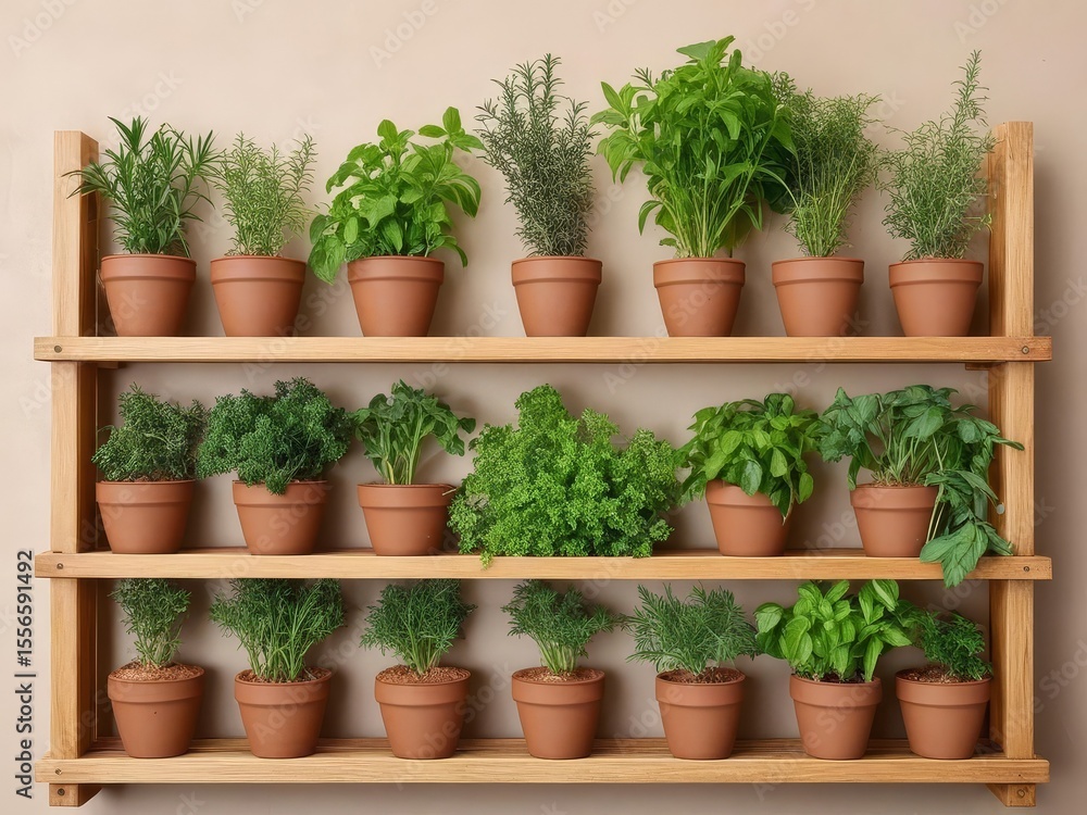 Fototapeta premium various fresh herbs and spices in pots on shelves against a wall
