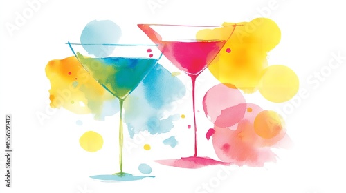 Two vibrant watercolor martinis suggesting fun cocktail party painted in a dreamy style with refreshing hues and flowing
