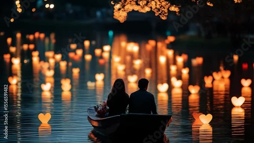 A couple sits in a boat on a calm lake surrounded by glowing heart-shaped lanterns. The scene is serene and romantic, illuminated by soft lights at dusk.