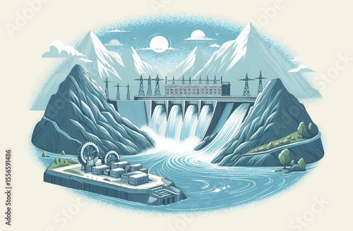  A hydroelectric power plant with turbines on the background of mountains and a river. The symbol of water as a renewable energy source and its importance for sustainable development. vector graphics.