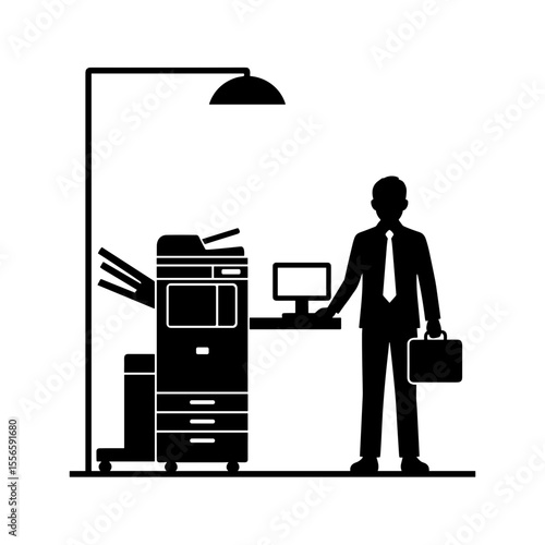 Businessman standing by copier machine in airport coworking space  