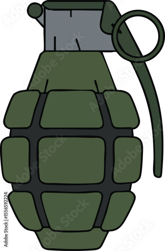 Military hand grenade illustration with safety pin and segmented body in green and gray colors for tactical design and weapon concept vector