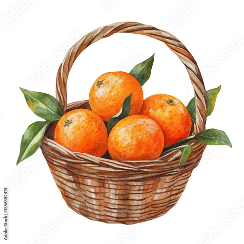 Tangerine Fruit Basket, watercolor painting vector, isolated on a white background.