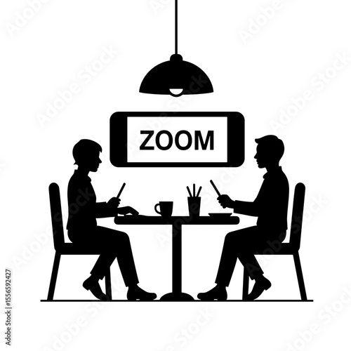 Two people using smartphones in cafe while participating in Zoom call  