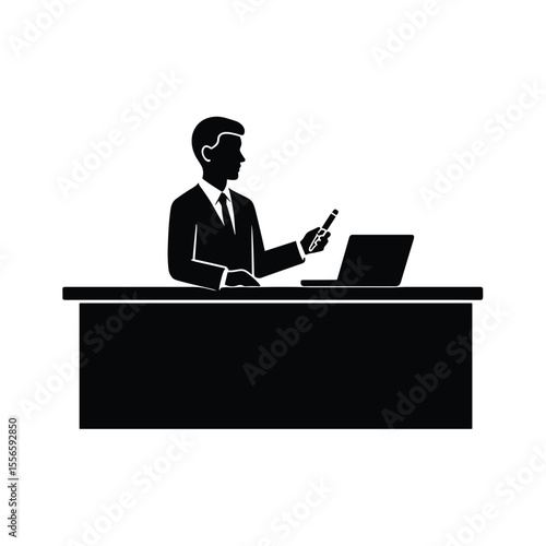Businessman holding branded pen while working at check-in counter  