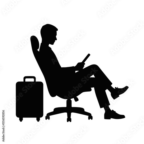 Man sitting on chair and using smartphone next to suitcase in airport  