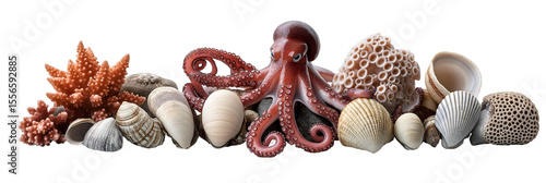 Underwater Creatures Including Octopus and Shellfish – PNG