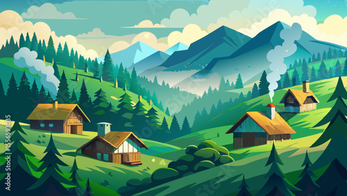 Rolling green hills and dense forests fade into the fog. Wooden cottages with thin smoke rising from chimneys give warmth to the mountain solitude.