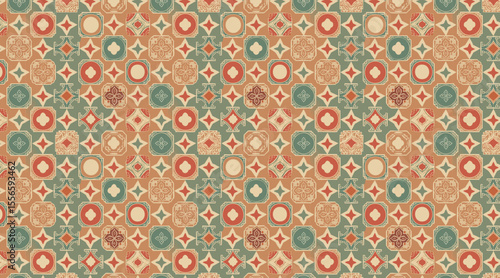 Vintage Bohemian Geometric Tile Pattern, Retro Folk Art Mosaic, Abstract Seamless Vector Background