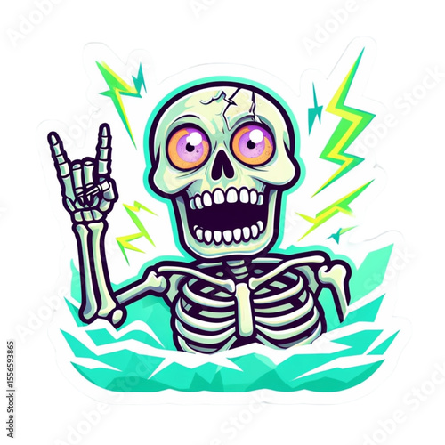 Vibrant Skeleton: Rock and Lightning Energy PNG Sticker